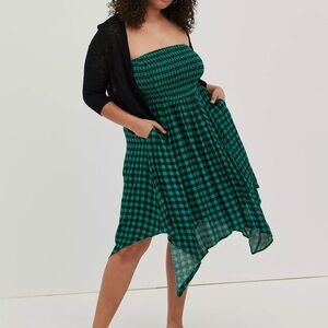 torrid Green and Black Strapless Gingham Handkerchief Hem Dress